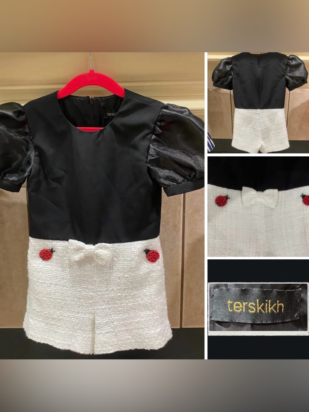 Terskikh Black and White Puff-Sleeve Romper with Ladybug Accents